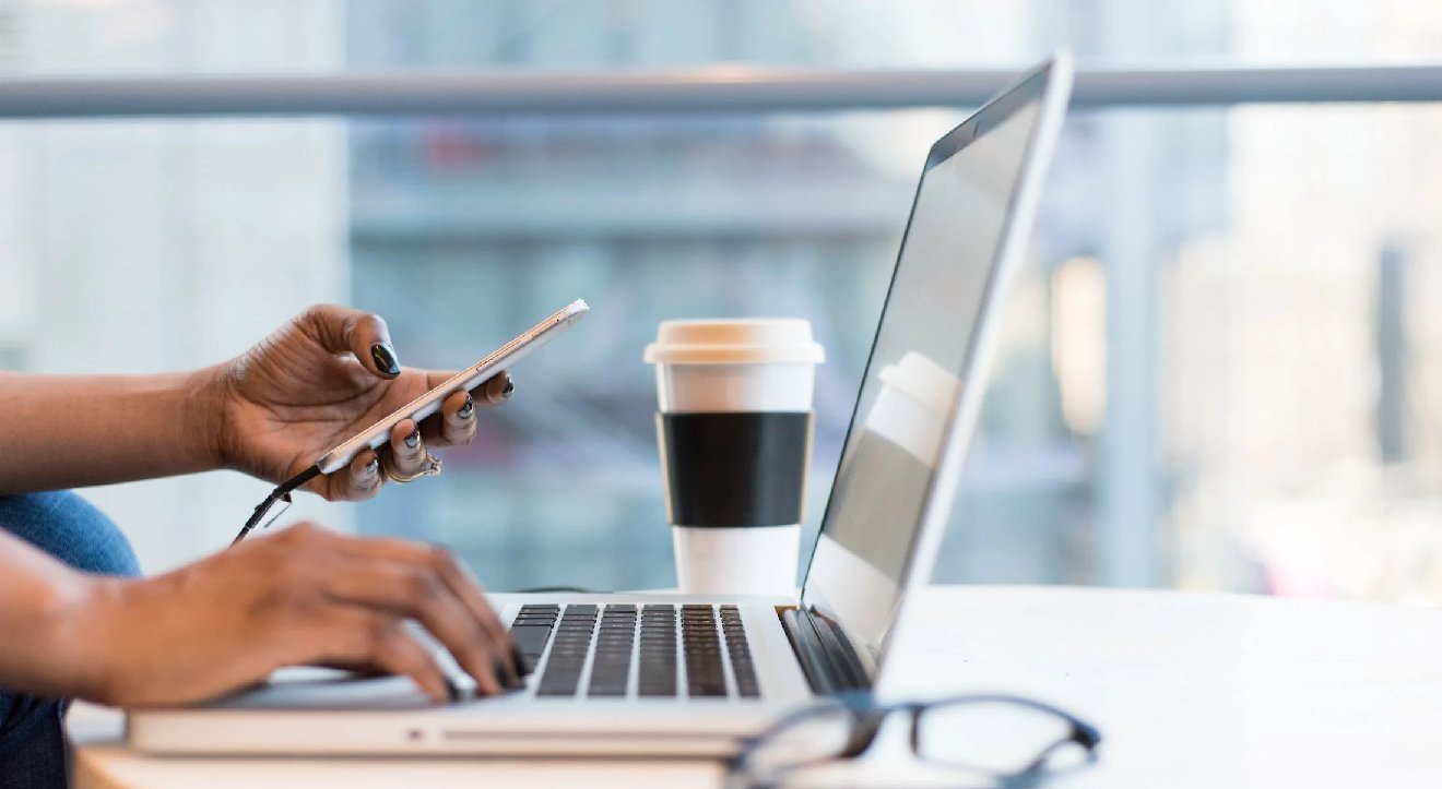 Laptop, phone and coffee